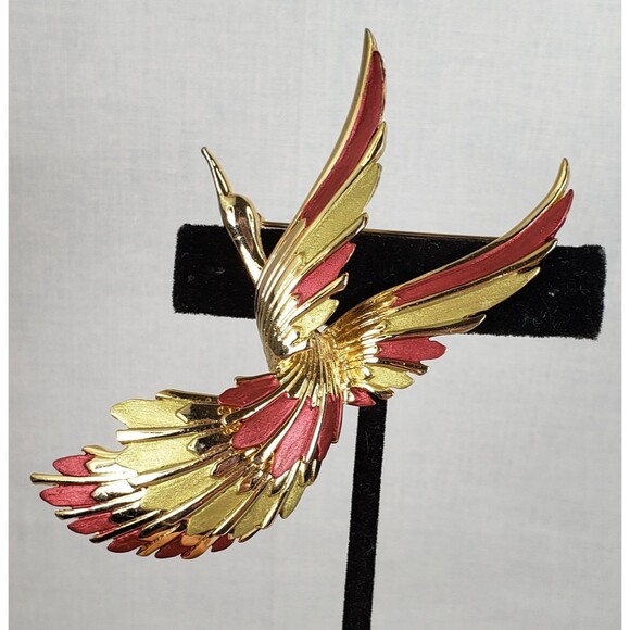Vitage 1990s Bird Of Paradise In Flight Gold Tone Mauve Mint Green Enamel Brooch - Picture 5 of 11